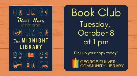 Background orange wood. Image of the Midnight Library by Matt Haig. Text: Book Club Tuesday, October 8 at 1 pm. Pick up your copy today!