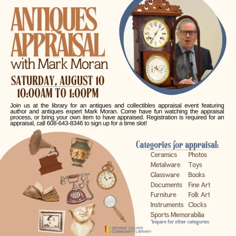 Antiques Appraisal with Mark Moran. White background blue edges. Images of a phonograph, Greek vase, pocket watch, magnifying glass, broken bust, old photograph and old book. 