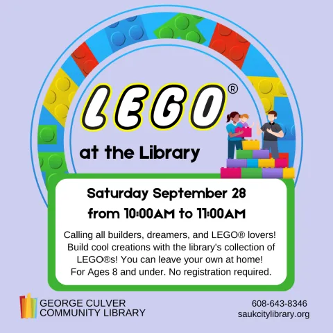 Background: light blue. Image of a circle of LEGO bricks and three people (various ages) building with blocks. Text: LEGO at the Library Saturday, September 28 from 10 - 11 am