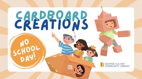 Image of 4 kids playing in cardboard box ship and a kid dressed in a cardboard box. Text: Cardboard Creations No School Day!