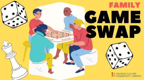 Image of four seated people playing a board game, two dice and a king chess piece. Text: Family Game Swap