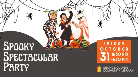Image of three children in Halloween costumes dancing. Text: Spooky Spectacular Party Friday October 31 11:30 am-1:30 pm
